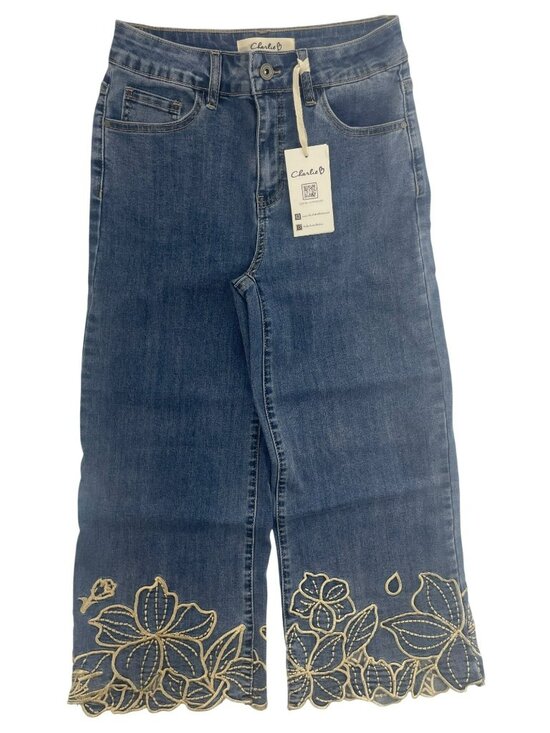 Charlie Denim - Charlie Embroidered Cropped Denim Jeans Medium Blue Floral Design Women's Size 2
